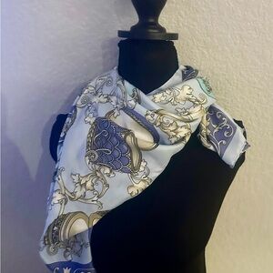 Llalca Luxury Blue and Cream Printed Silk-Feel Scarf - Women Accessories